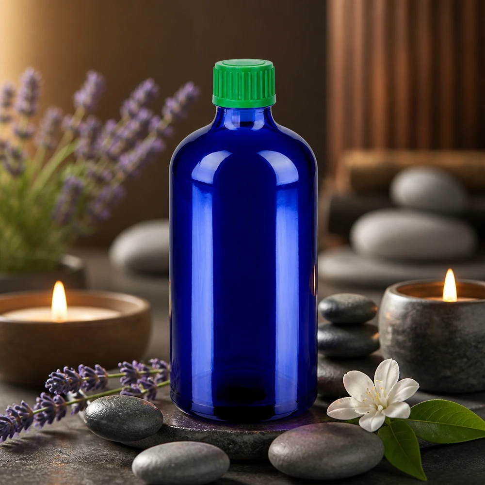 100ml Fl. goutte 0.8mm vert STD BlueLine UT18/100 Bouteille en verre bleu de haute qualité de 100 ml avec bouchon en plastique vert pour une conservation sûre