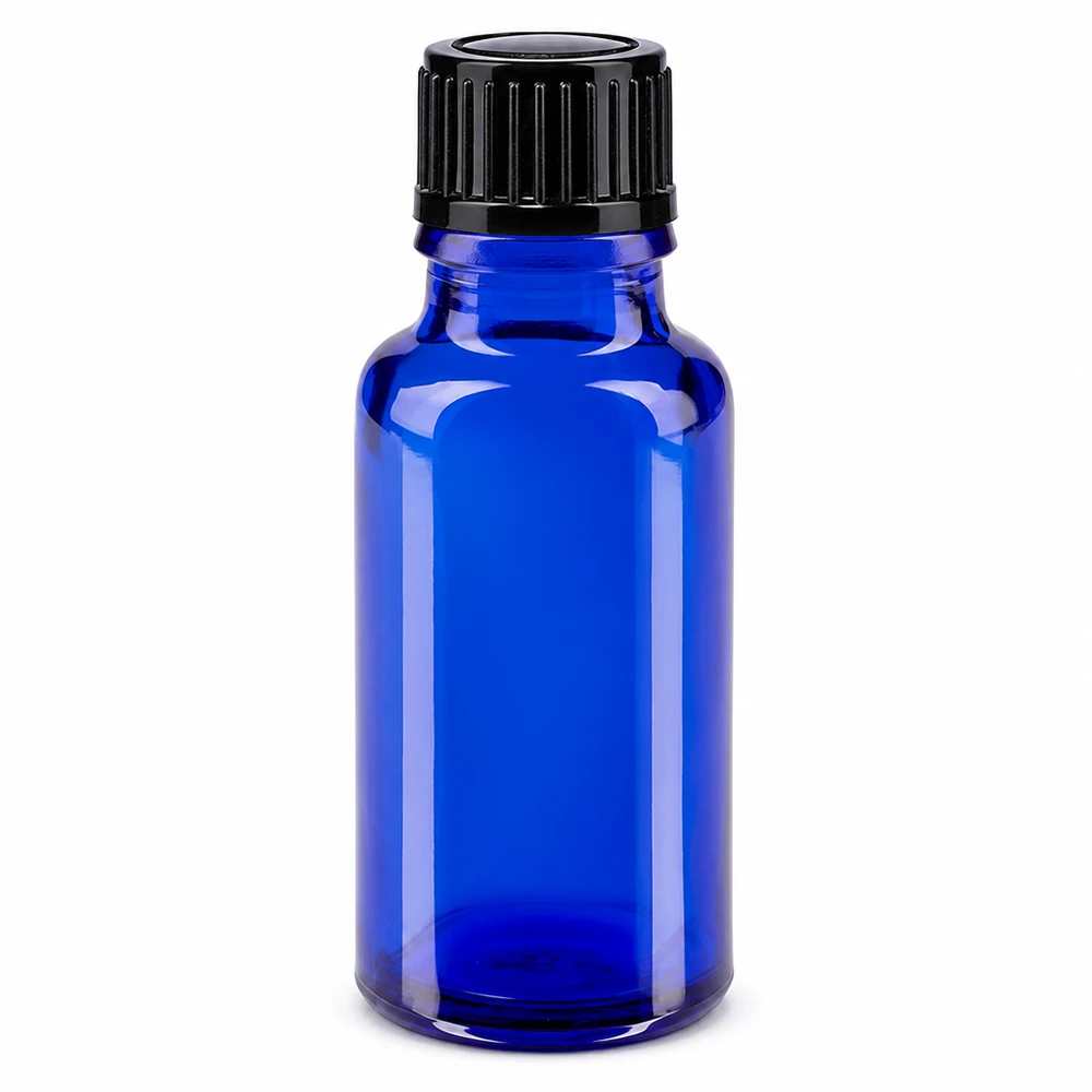 Flacon en verre bleu de 20 ml avec bouchon standard noir, destiné aux pharmacies et aux laboratoires