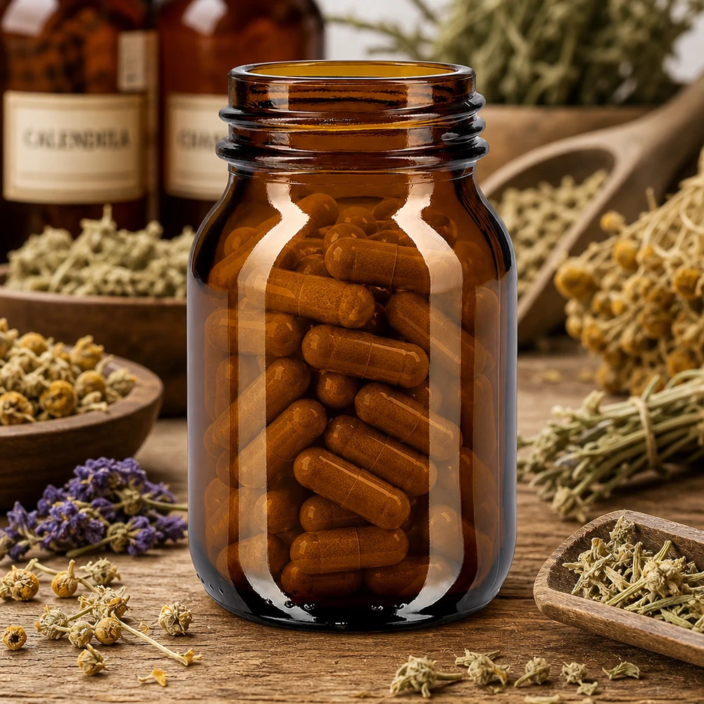 Bouteille en verre brun à col large 75ml avec ouverture DIN 40, convient pour les gélules et les comprimés