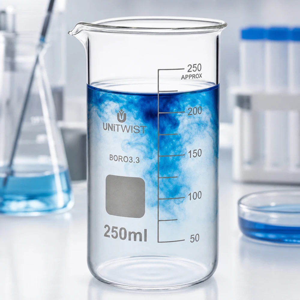 Bécher 250ml borosilicate, forme haute UNITWIST Verre à bec UNITWIST, modèle haut, 250 ml, avec colorant bleu qui se dissout dans l'eau