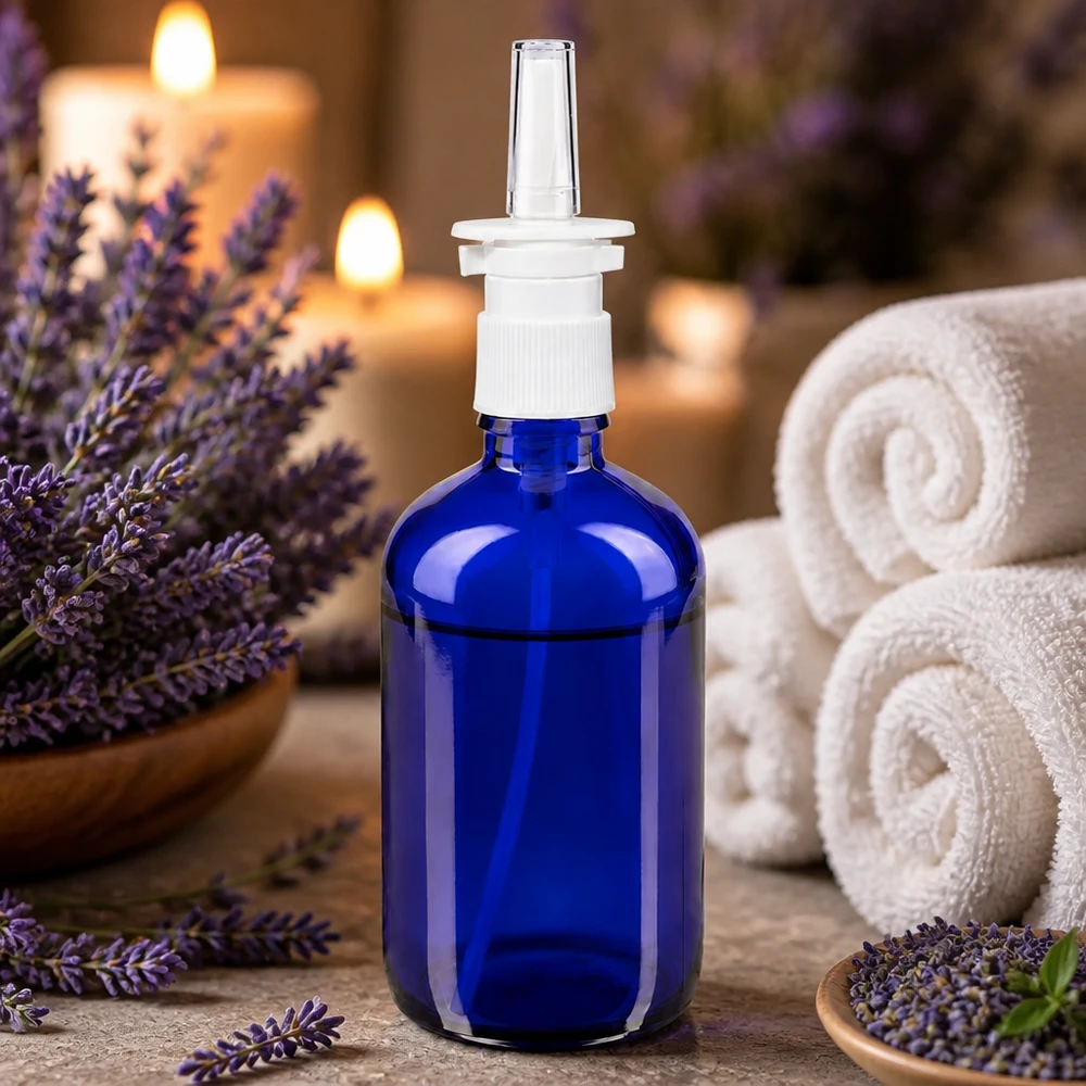 Flacon de pharmacie bleu 100ml vaporisateur nasal blanc standard Flacon de spray nasal de 100 ml en verre bleu avec pompe doseuse, pour une ambiance spa relaxante à la lavande
