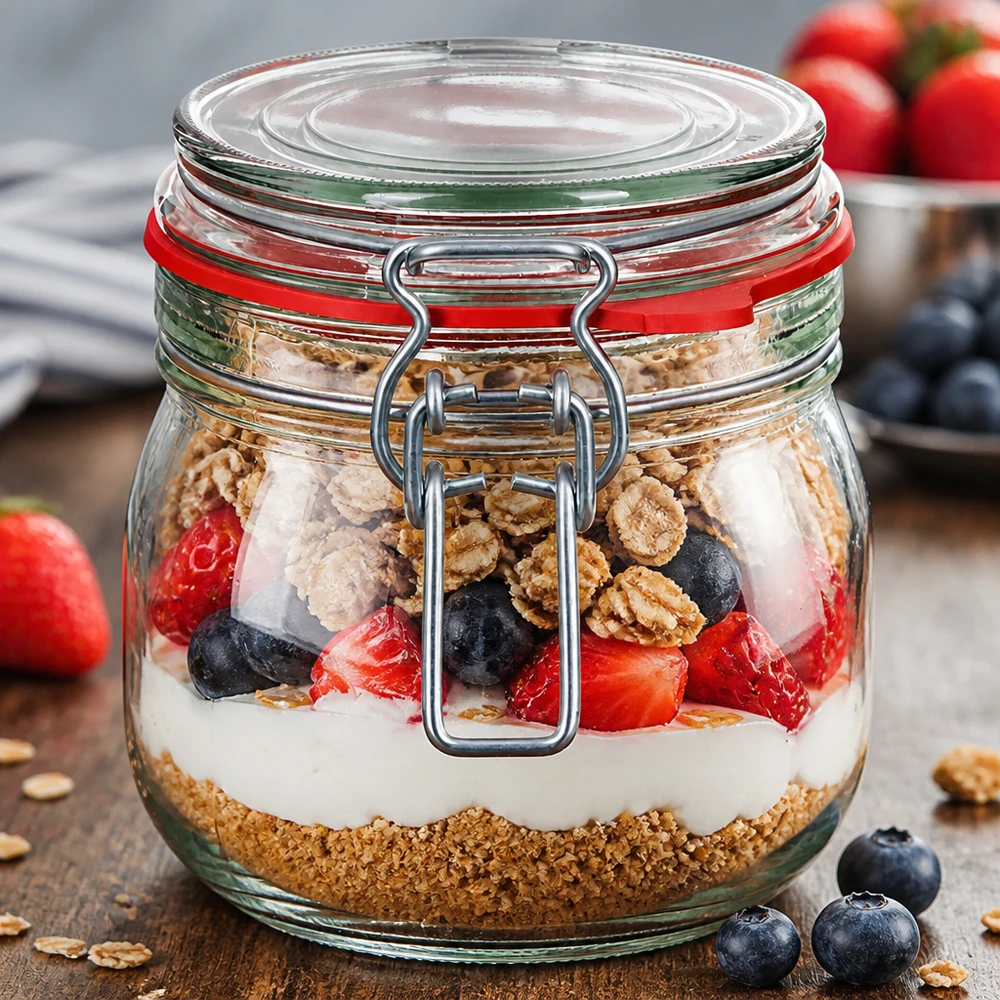 Bocal de conservation de 634 ml, type G, avec bouchon à clip UN.. Pot à conserves de 634 ml avec fermeture à étrier parfait pour les overnight oats et les créations de muesli