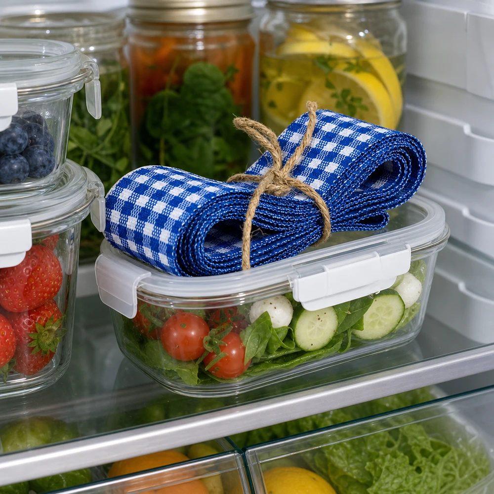 Ruban de tissu bleu et blanc 300cm décoratif dans le réfrigérateur sur la boîte à salade entre les légumes et les bocaux de conserve