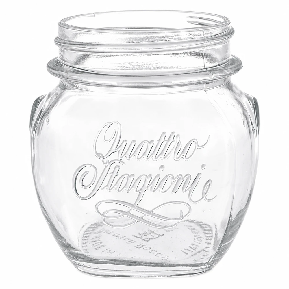 300ml Quattro Stagioni Pot de conservation en verre transparent avec logo en relief et filetage pour la conservation