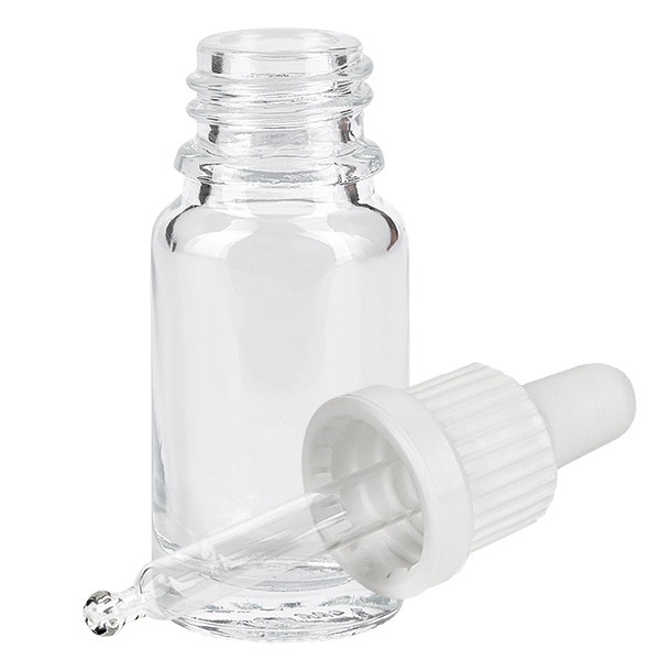Flacon à pipette 10ml blanc OV ClearLine UT18/10 Petit flacon-pipette de 10 ml en verre transparent, muni d'un embout pipette blanc et d'une poire en caoutchouc