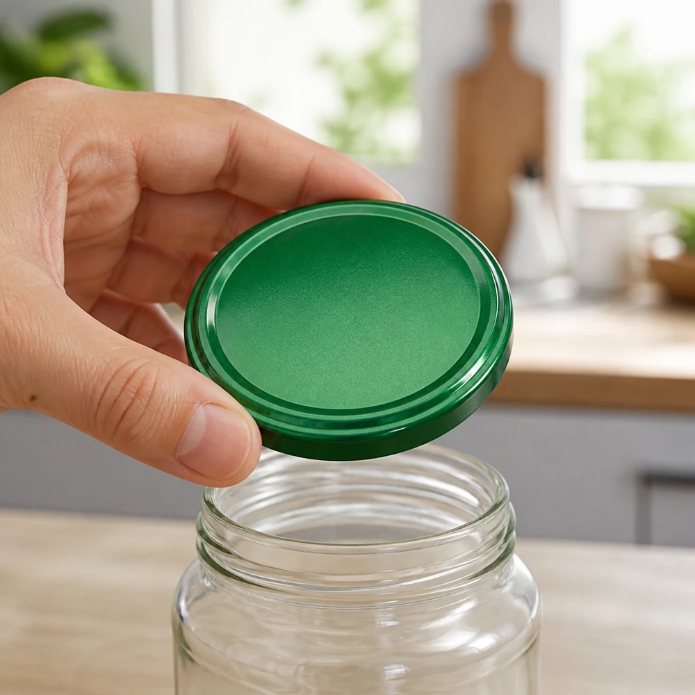 Couvercle de bocaux BasicSeal TO82 vert, diamètre 82 mm, UNiTWIST, cuisine, table en bois