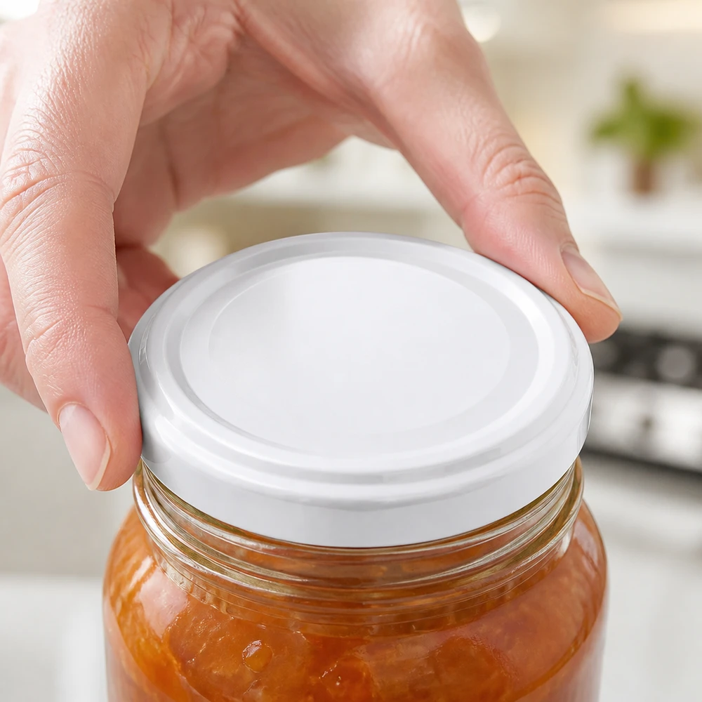 Le couvercle UNiTWIST BasicSeal TO48 ferme un bocal contenant de la confiture de fraises dans la cuisine