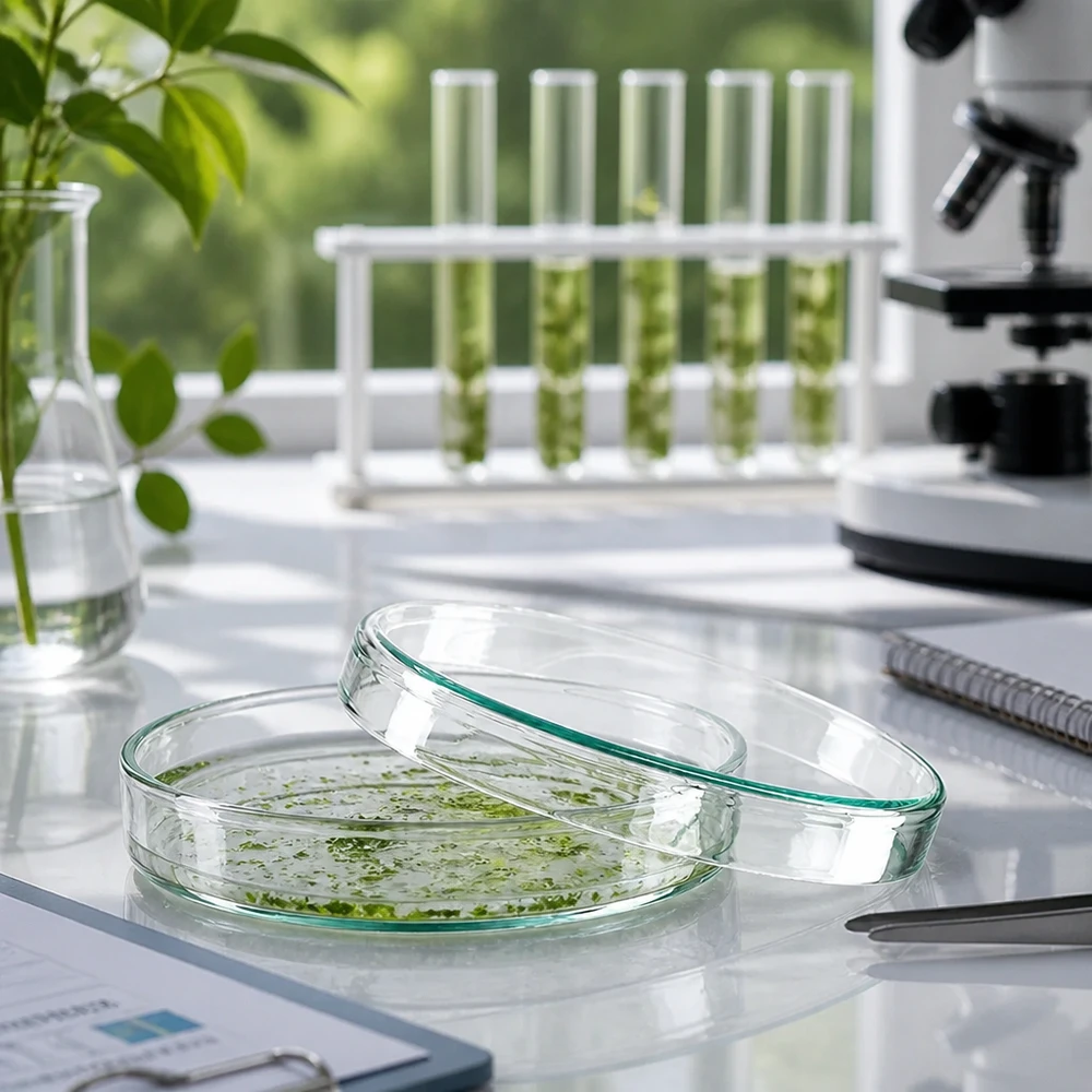 Boîte de Petri en verre sans compartiments, 100x20mm Boîte de Pétri en verre de 100 x 20 mm ouverte, contenant des échantillons de plantes, à côté d'un microscope et de tubes à essai