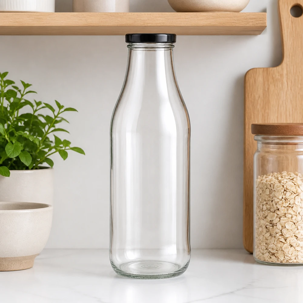 1000ml Bouteille avec couvercle BasicSeal noir UNiTWIST Bouteille en verre vide de 1000 ml avec couvercle noir dans une cuisine moderne à côté d'étagères en bois et d'une plante aromatique
