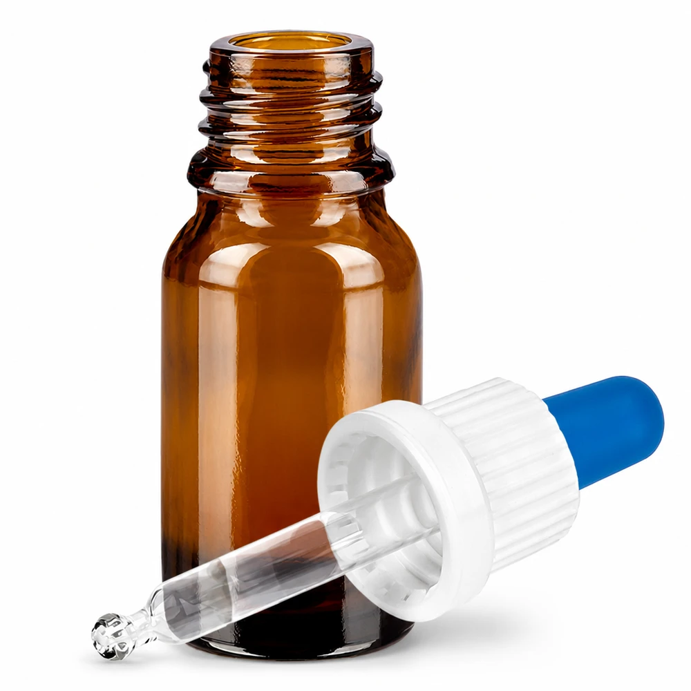 Bouteille pipette 10ml blanc/bleu OV BrownLine UT18/10 Bouteille à pipette en verre brun de 10ml avec bouchon compte-gouttes pour les cosmétiques et les huiles essentielles