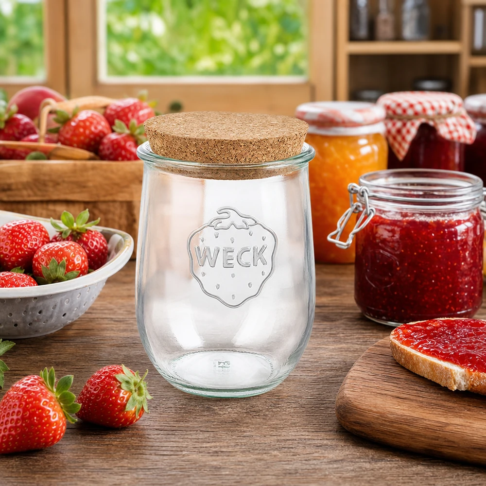 WECK RR100 Pot tulipe 1062ml bouchon liège Scène de cuisine avec des fraises et de la confiture maison