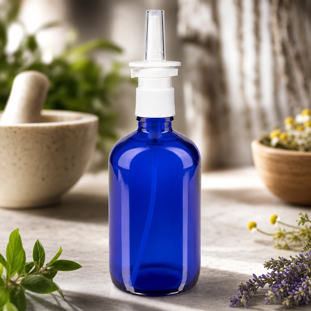 Flacon standard de 100 ml en verre de pharmacie bleu, muni d'un bouchon-pompe blanc et d'une buse d'application transparente