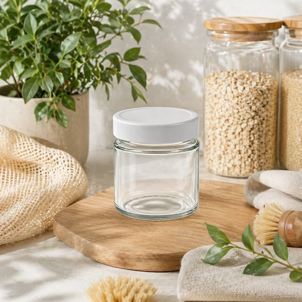 135ml Verre rond avec couvercle BasicSeal blanc UNiTWIST 135ml Verre rond BasicSeal Couvercle blanc durable Zero Waste Lifestyle Couvercle en bambou Planche en bois Organisation de la cuisine