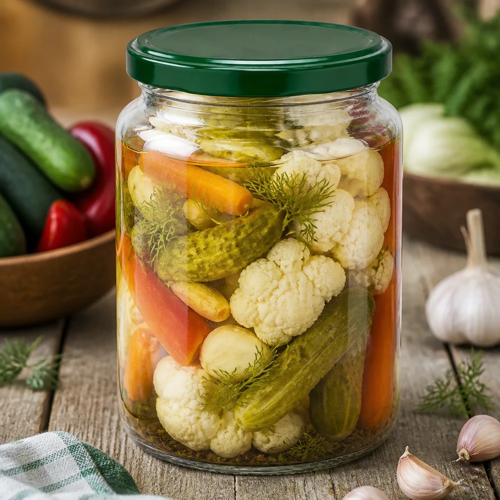 795ml Verre rond avec couvercle BasicSeal vert UNiTWIST UNiTWIST Pot rond 795ml avec légumes mixtes et aneth marinés - couvercle vert BasicSeal pour la mise en conserve et la fermentation
