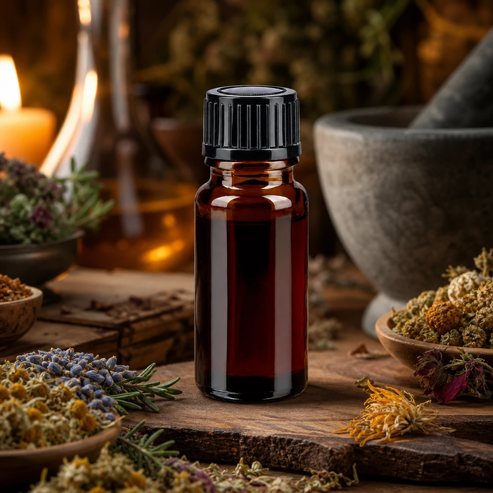 Flacon en verre brun de 10 ml avec bouchon noir, à côté d'un mortier et d'un pilon destinés à la médecine naturelle