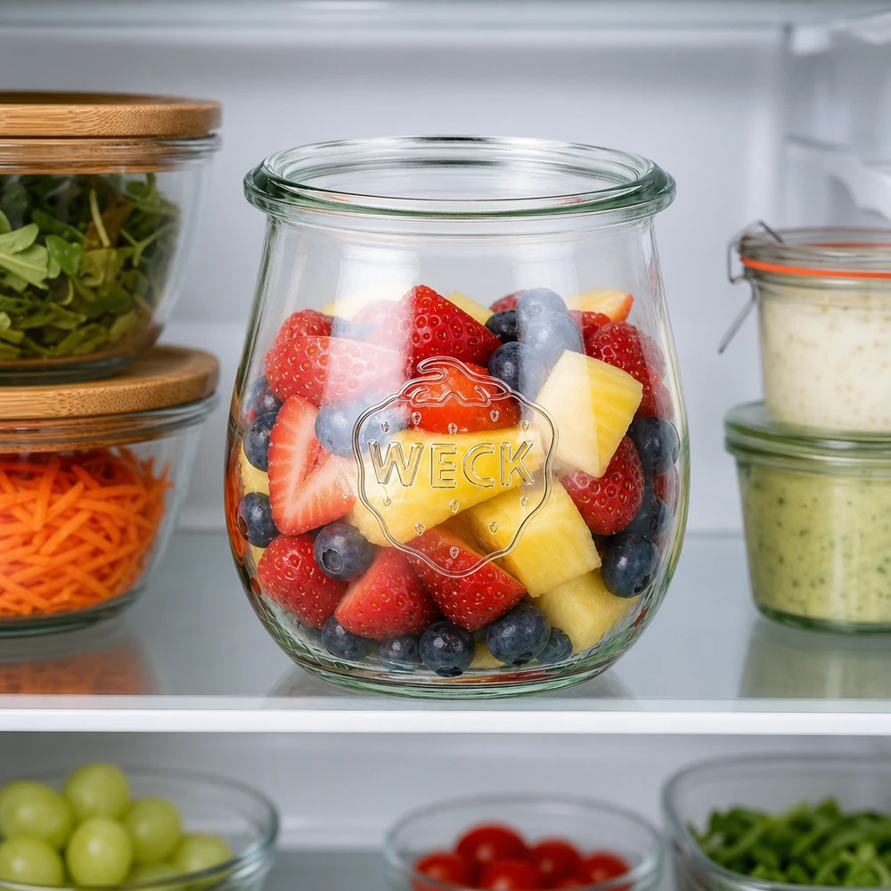 WECK Pot tulipe 220ml RR60 dans le réfrigérateur avec salade de fruits fraises myrtilles ananas comme conteneur Meal Prep