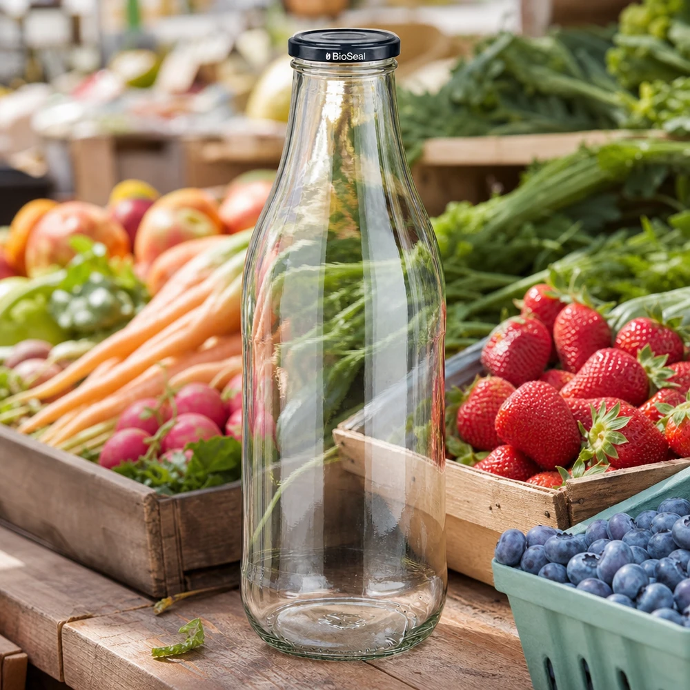 1000ml Bouteille avec couvercle BioSeal noir UNiTWIST Bouteille en verre 1000ml BioSeal couvercle noir étal de marché fruits frais légumes fraises myrtilles durable régional