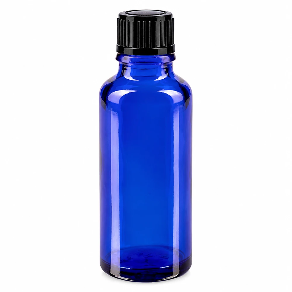 Flacon de pharmacie bleu 30ml bouchon vissable noir std Flacon en verre bleu de 30 ml avec bouchon à vis noir à l'épreuve des enfants, destiné aux pharmacies