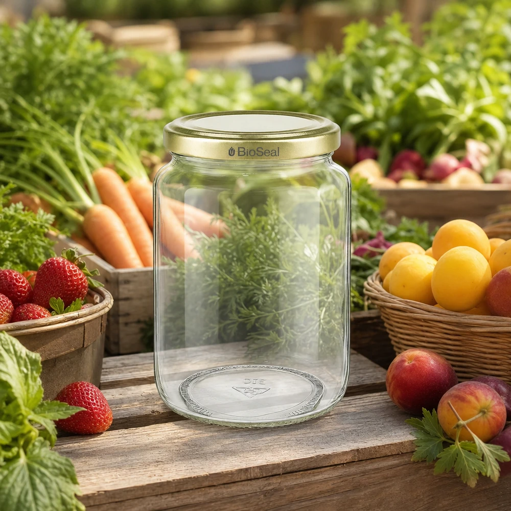 1000g de pot de miel BioSeal entouré de fruits et légumes frais montre la fraîcheur naturelle et de conservation