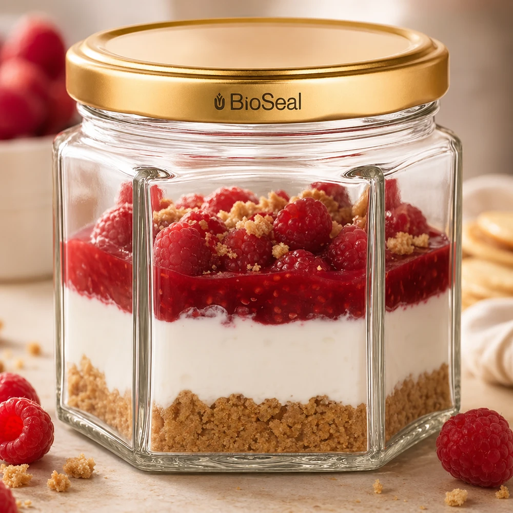 UNiTWIST Hexa47 avec couvercle BioSeal doré comme verre à dessert rempli d'un dessert à couches de framboises et de vermicelles