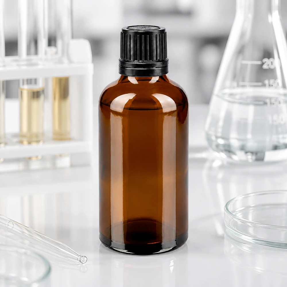 Flacon en verre de 50 ml, couleur ambre, avec bouchon OV noir à sécurité enfant, qualité pharmaceutique