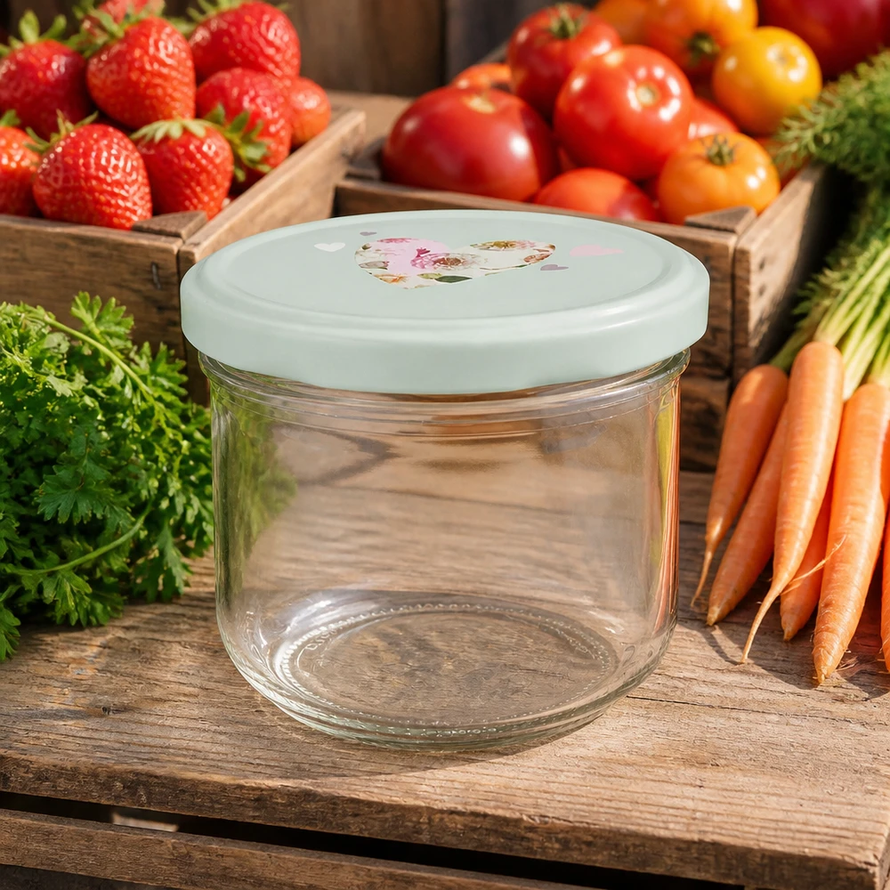 Verre renversé de 260 ml vide avec couvercle BasicSeal vert menthe devant des tomates fraîches, des fraises et des carottes sur une table en bois