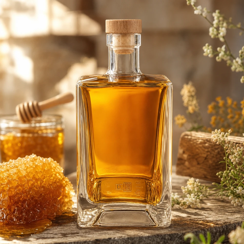 Bouteille en verre Ben de 700 ml remplie de miel à côté de rayons d'abeilles et d'un pot de miel décoration rustique bouchon en bois UNiTWIST