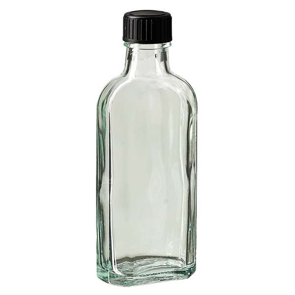 Flasque transparente de 100 ml au goulot DIN 22, avec bouchon à vis DIN 22 noir et joint LKD Flasque transparente de 100 ml au goulot DIN 22, avec bouchon à vis DIN 22 noir et joint LKD