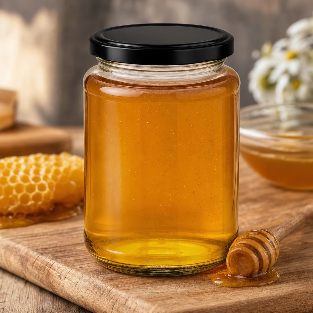 382ml Verre rond BasicSeal noir aspect bois rustique avec nid d'abeille Dipper miel apiculture traditionnelle produit naturel