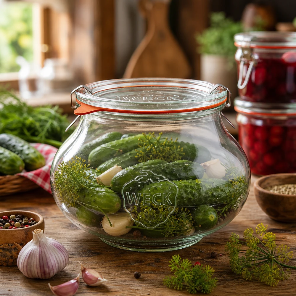 WECK Pot de conservation 1062ml avec cornichons marinés et aneth dans une cuisine rustique Pot de conservation ventru