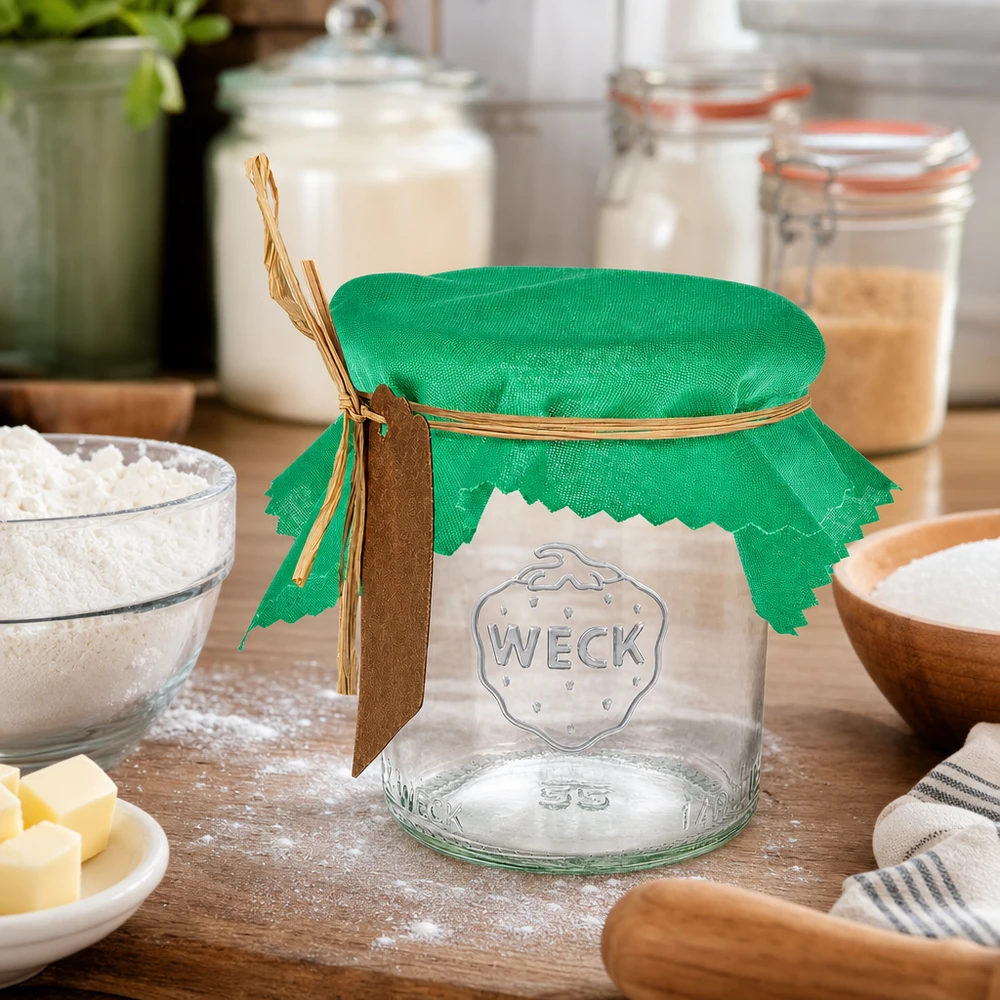 Couvre-bijoux en tissu vert 12cm carré avec noeud en raphia sur bocal entre les ingrédients de cuisson et les bols de farine