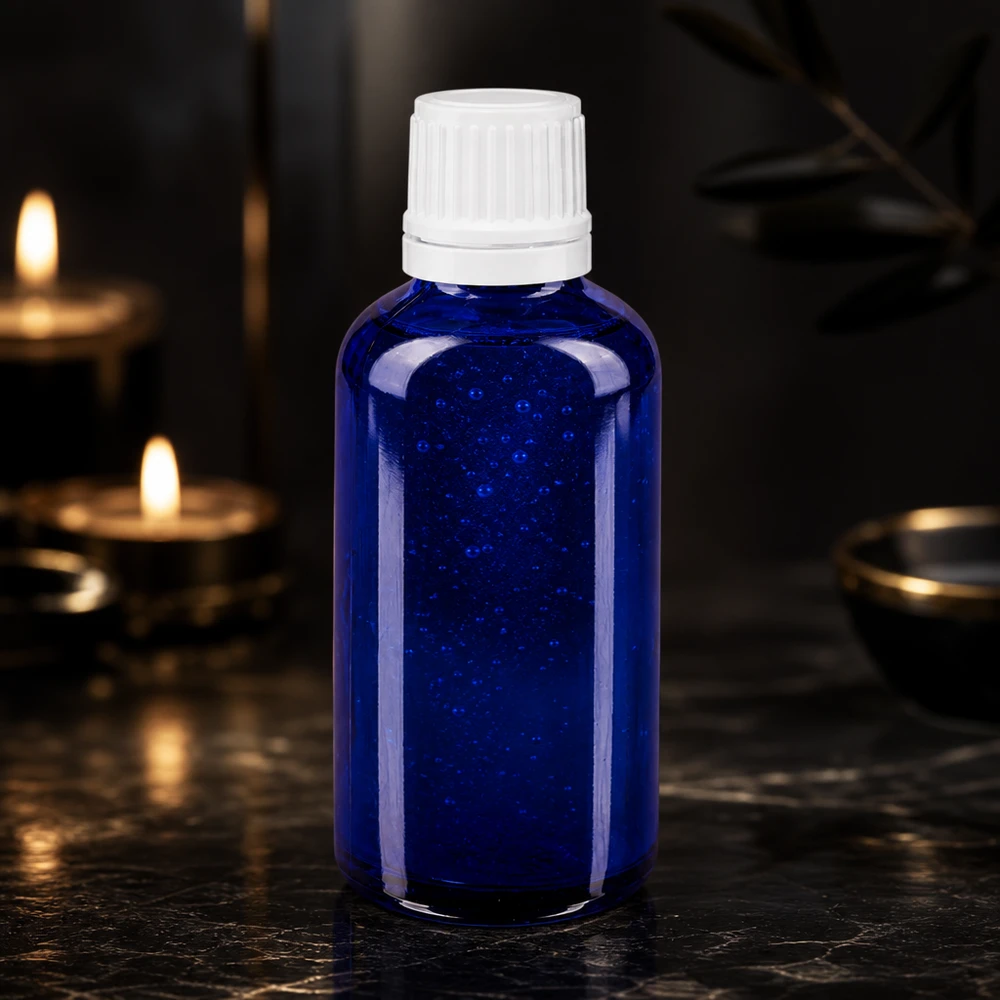 Flacon compte-gouttes anti-UV de 50 ml en verre bleu, avec un orifice de 0,7 mm et un bouchon OV blanc