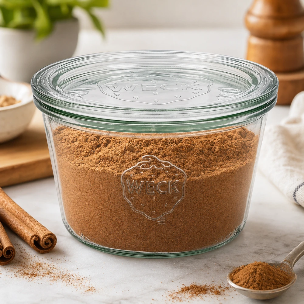 Bocal en verre de 370 ml avec couvercle en verre WECK RR100 WECK Pot renversé 370ml RR100 rempli de cacao en poudre entouré de bâtons de cannelle pour conserver les épices dans la cuisine