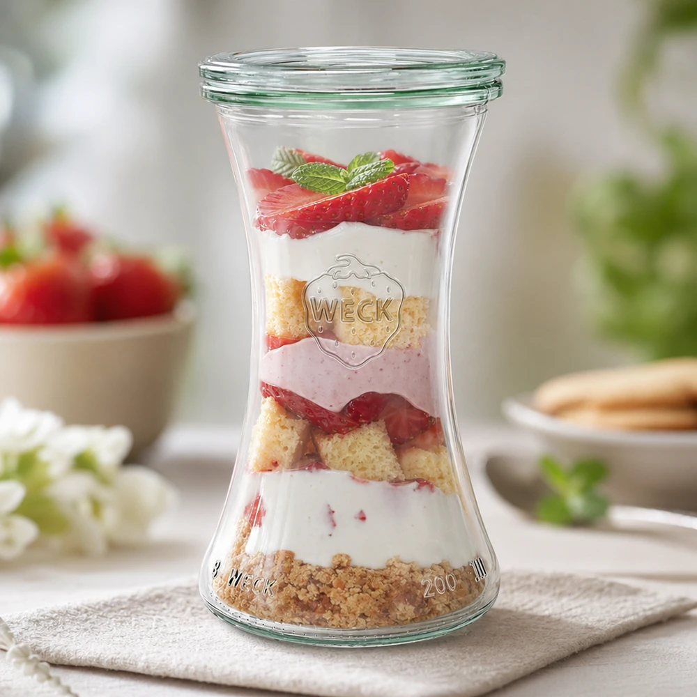 WECK Pot de délicatesse 200ml avec dessert stratifié de fraises fromage blanc et fond de biscuit servi comme dessert élégant