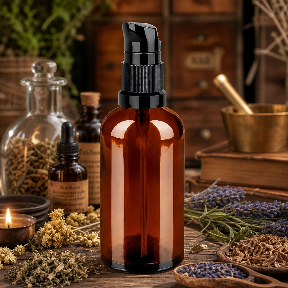 Flacon pompe 100ml noir STD BrownLine UT18/100 Flacon de pharmacie professionnel de 100ml brun avec distributeur à pompe hygiénique pour un stockage stérile