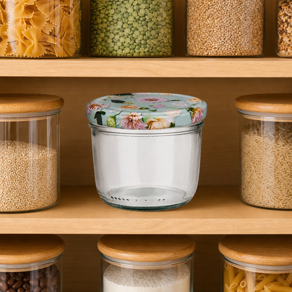 Verres de 230 ml + couvercle BasicSeal fleur menthe UNiTWIST Verre renversé de 230 ml avec couvercle à fleurs vert menthe dans le placard à provisions entre les bocaux de pâtes lentilles et riz