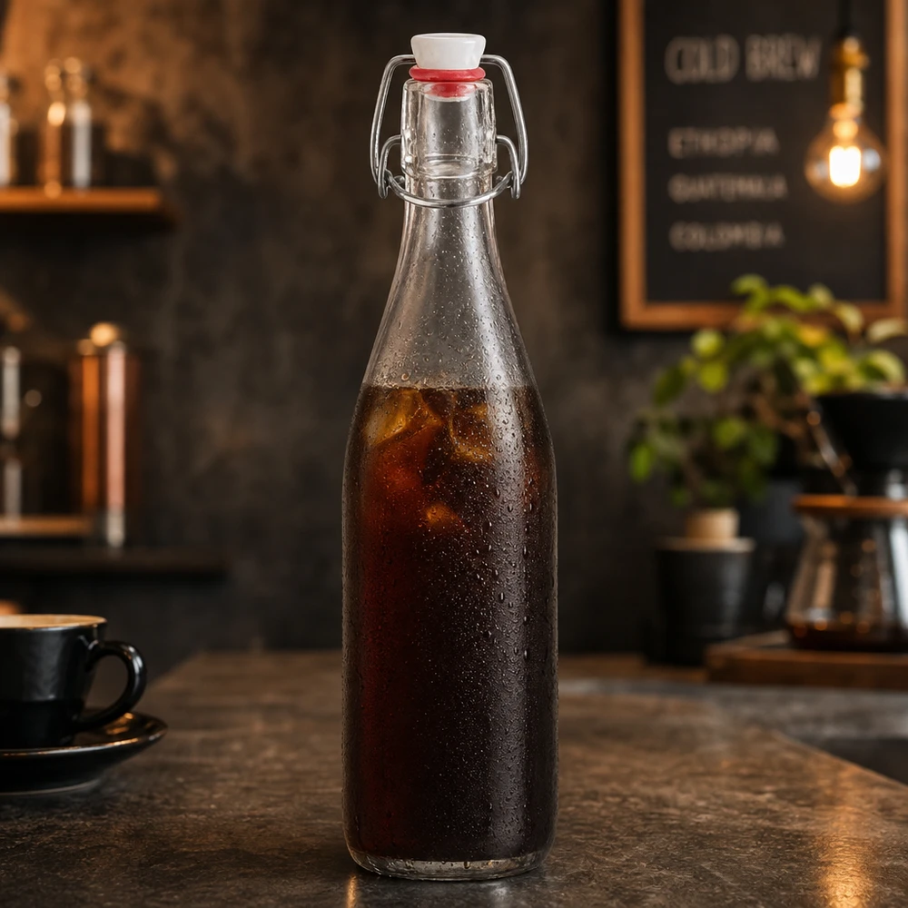 Bouteille en verre de 500 ml + bouchon mécanique PVC UNiTWIST Bouteille en verre de 500 ml avec bouchon à étrier remplie de café Cold Brew dans une atmosphère de café rustique