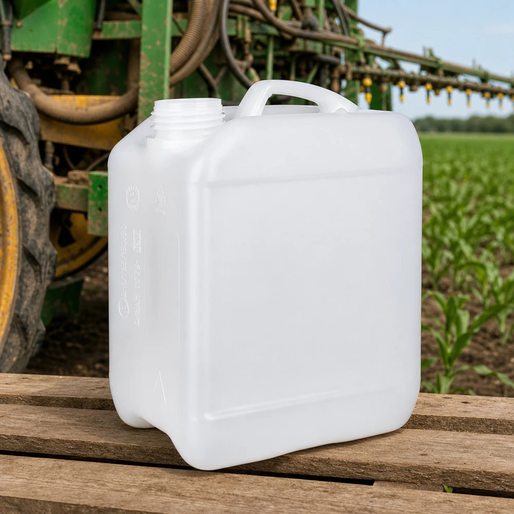 Bidon vide en PEHD de 2,5 litres avec poignée de transport, destiné aux produits phytosanitaires dans le secteur agricole