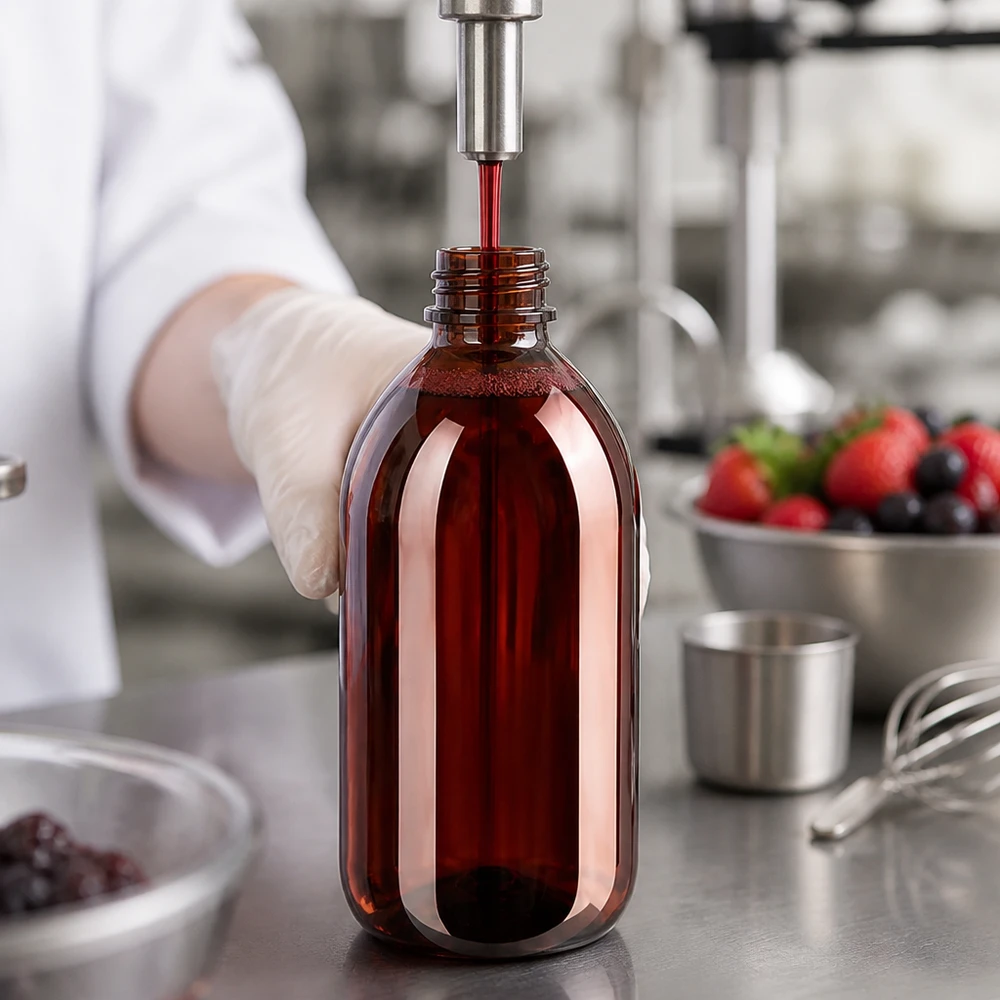 Bouteille PET 250ml avec bouchon marron,bouchon d'inviolabilité Professionelle Abfüllung von rotem Fruchtextrakt in braune 250ml PET Flasche mit OV