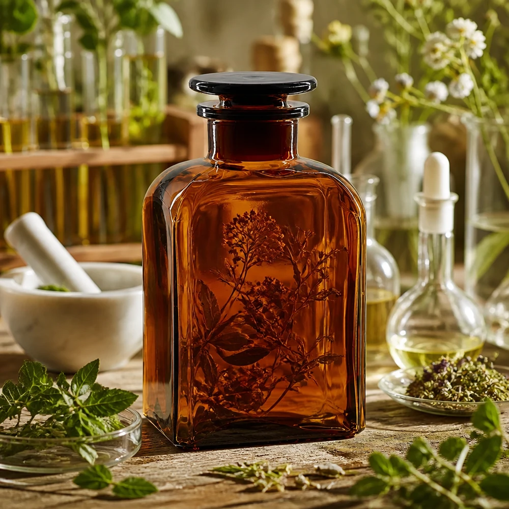 Flacon carré col large 500 ml + bouchon RIN, verre ambré Bouteille carrée en verre ambré de 500 ml, remplie d'herbes, à large ouverture et bouchon en verre