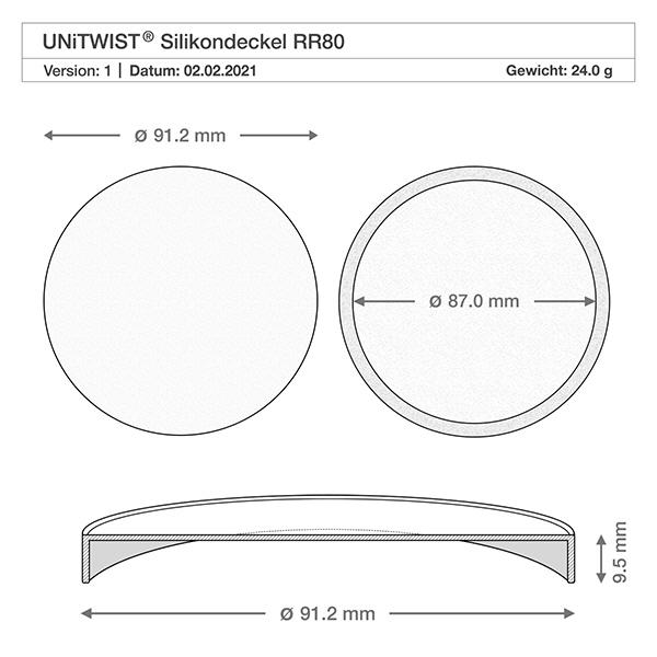 Couvercle en silicone blanc UNiTWIST pour WECK RR80 Dessin technique du couvercle en silicone UNiTWIST RR80 avec dimensions 91,2mm de diamètre extérieur 87mm de diamètre intérieur