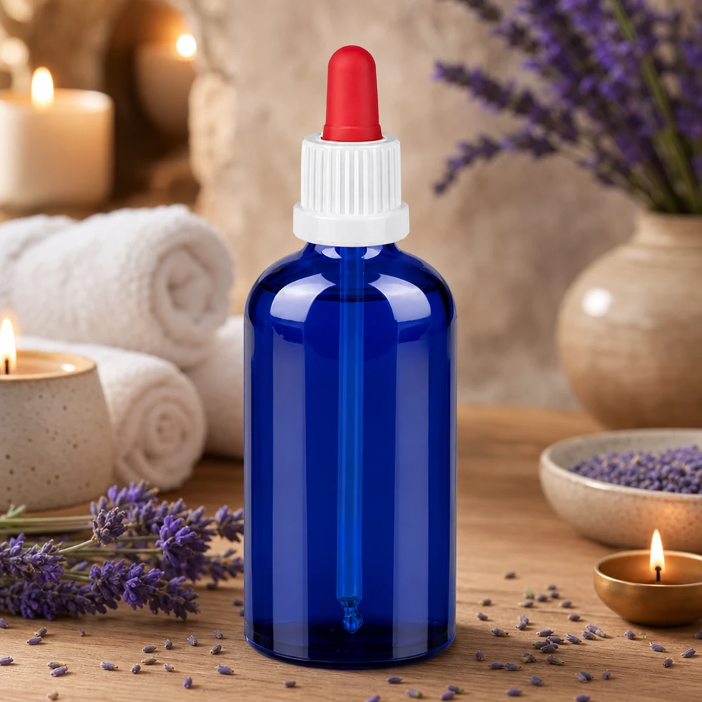 Flacon à pipette 100ml blanc/rouge OV BlueLine UT18/100 Flacon-pipette médical 100ml avec protection UV grâce au verre bleu et compte-gouttes ergonomique