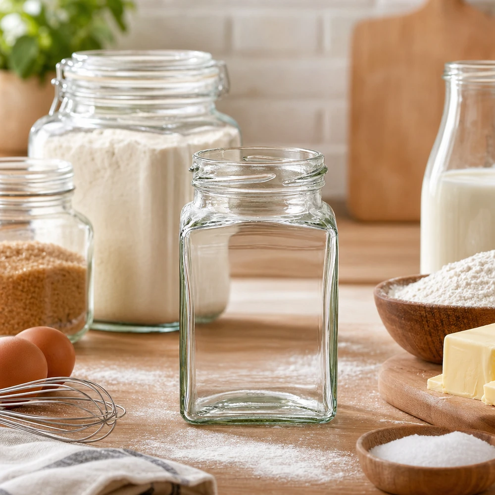 Verre quadrilatéral vide UNiTWIST Tetra260 260ml TO58 sur plan de travail de cuisine avec ingrédients de pâtisserie et bocaux à provisions