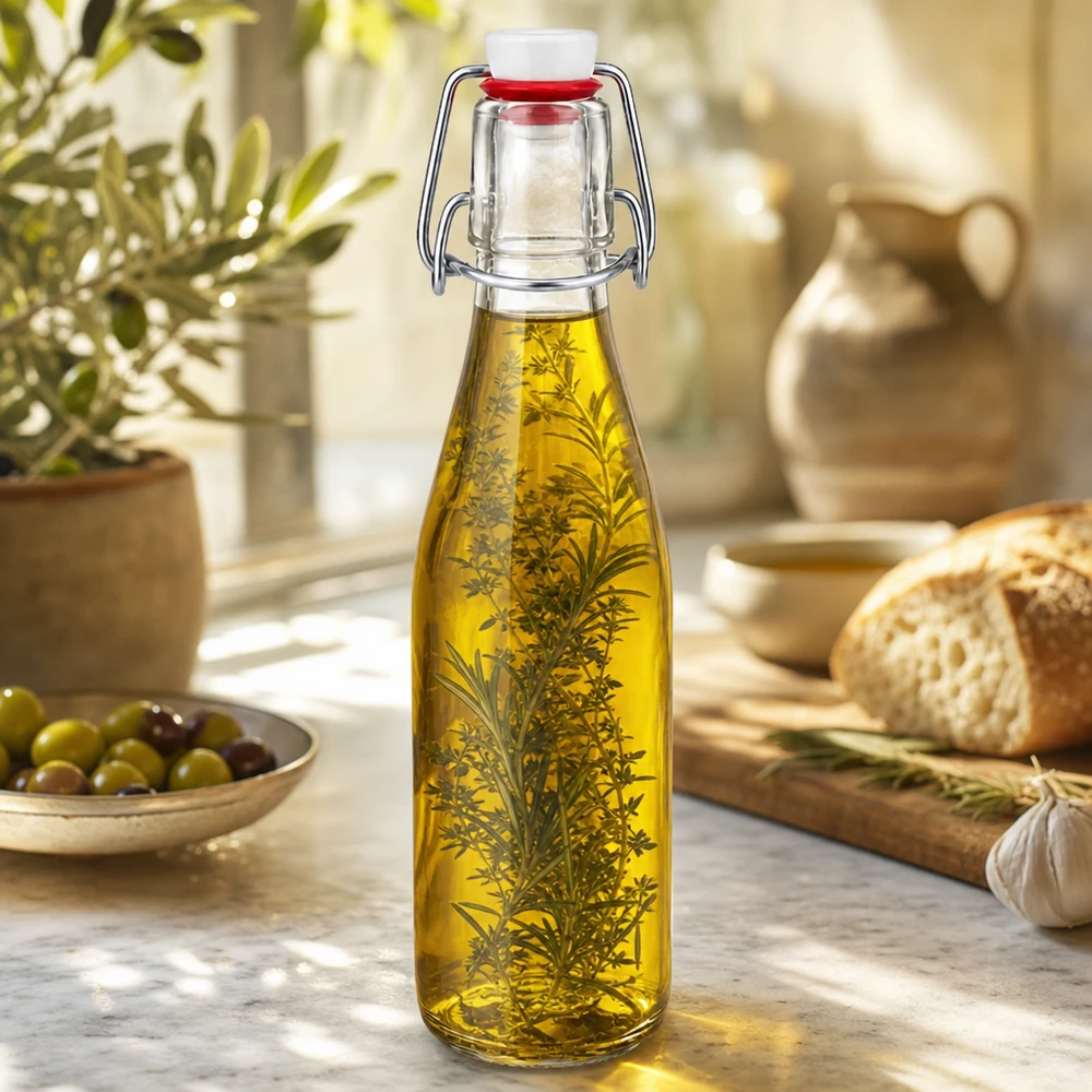 Bouteille en verre de 250 ml + bouchon mécanique en porcelaine UN.. Bouteille en verre de 250 ml avec bouchon à étrier remplie d'huile aux herbes, scène de cuisine décorative avec olives et pain