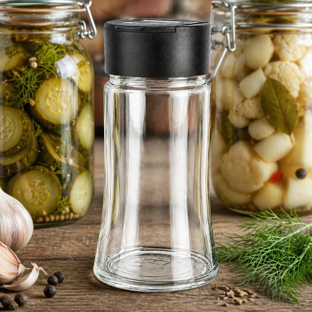 Pot à sel/épices 95 ml avec double saupoudreuse noire Un pot en verre transparent rempli de sel, d'une contenance de 95 ml, muni d'une saupoudreuse en plastique, posé sur une table en bois à côté de l'ail et de l'aneth
