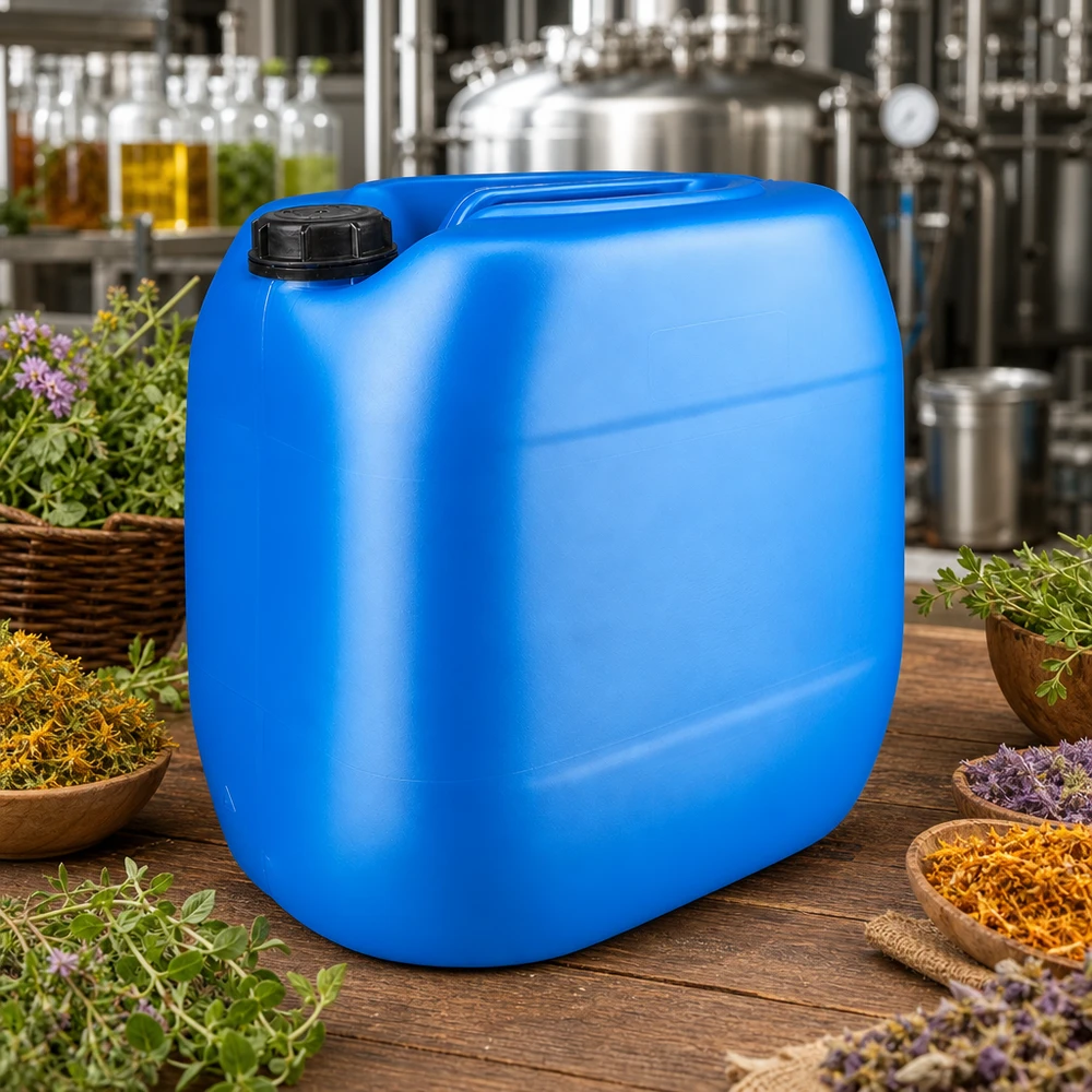 Bidon rectangulaire en plastique de 30 L, bleu, avec poignée encastrée et bouchon à vis noir OV