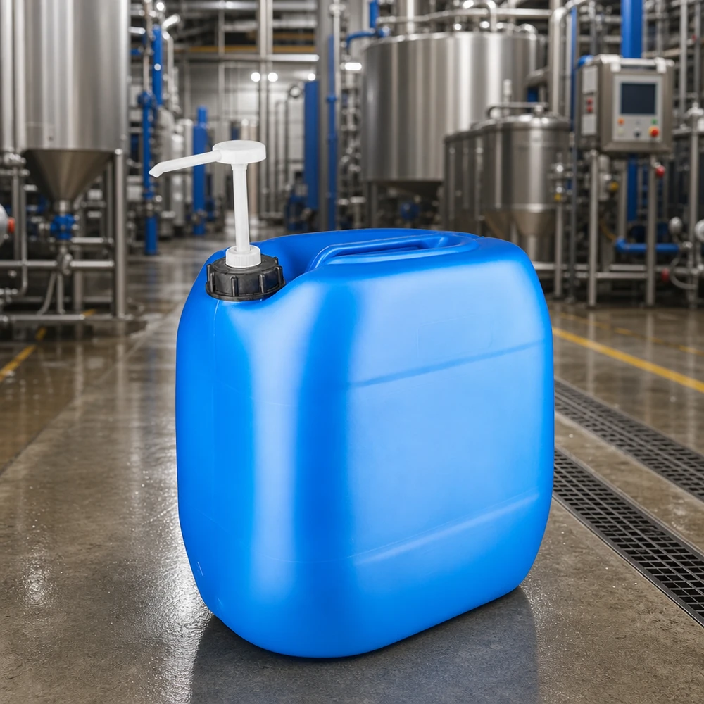 Bidon en plastique de 30 litres, adapté au contact alimentaire, muni d'un embout de pompage blanc, posé sur un sol industriel