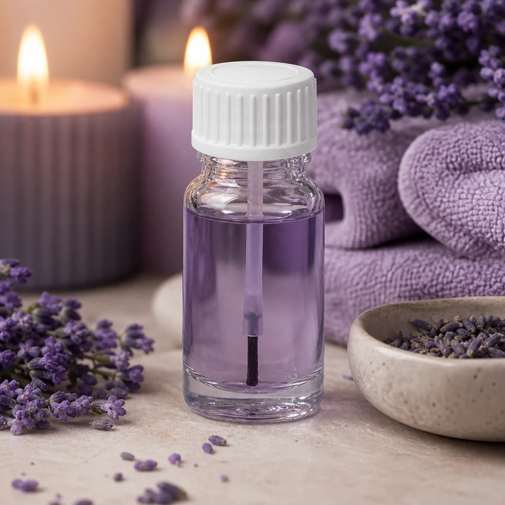 Flacon transparent à pinceau de 10 ml avec bouchon blanc, contenant un liquide violet sur fond marbré