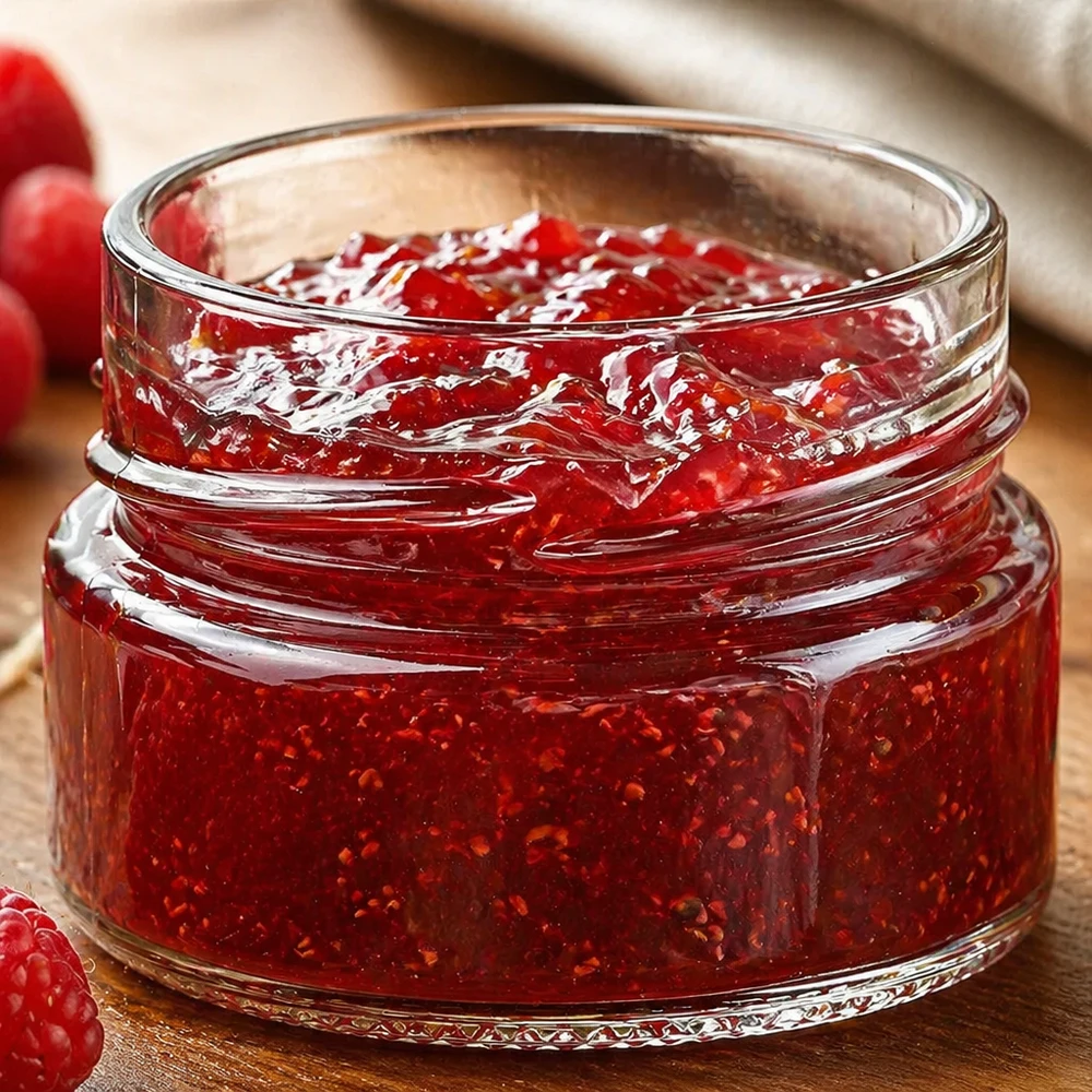 UNiTWIST Runda80 Verre rond 80ml TO58deep rempli de confiture rouge sur fond bois avec baies