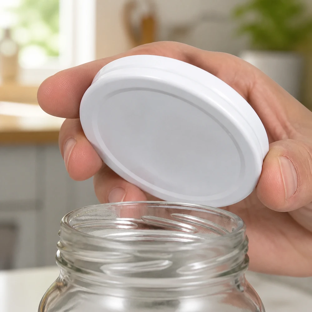 Le pouce et les doigts maintiennent un couvercle en verre blanc de 58 mm au-dessus d'un bocal de conservation ouvert UNiTWIST TO58deep
